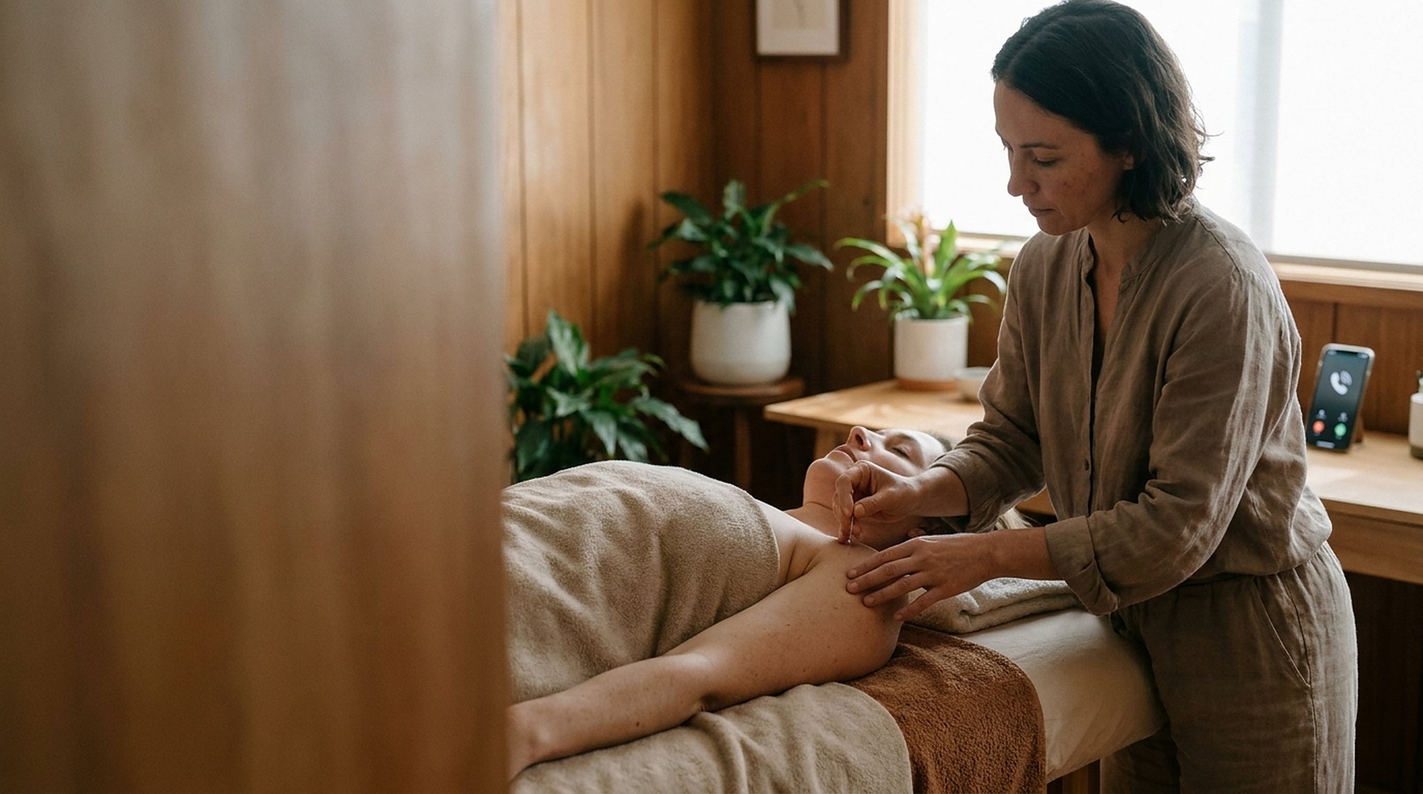Een acupuncturist die met volle concentratie naalden plaatst; op de balie licht een telefoon op, genegeerd