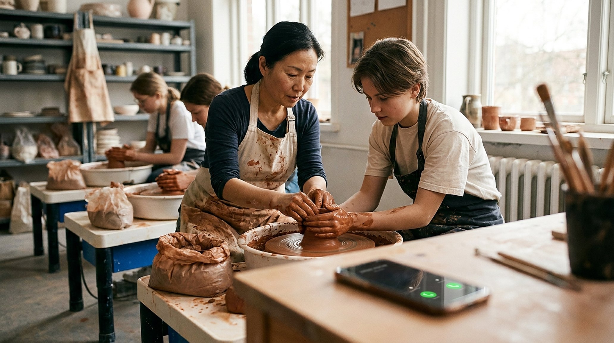 Een keramiekdocent die de handen van een cursist op de draaischijf begeleidt, overal klei; op de balie licht een telefoon op, genegeerd