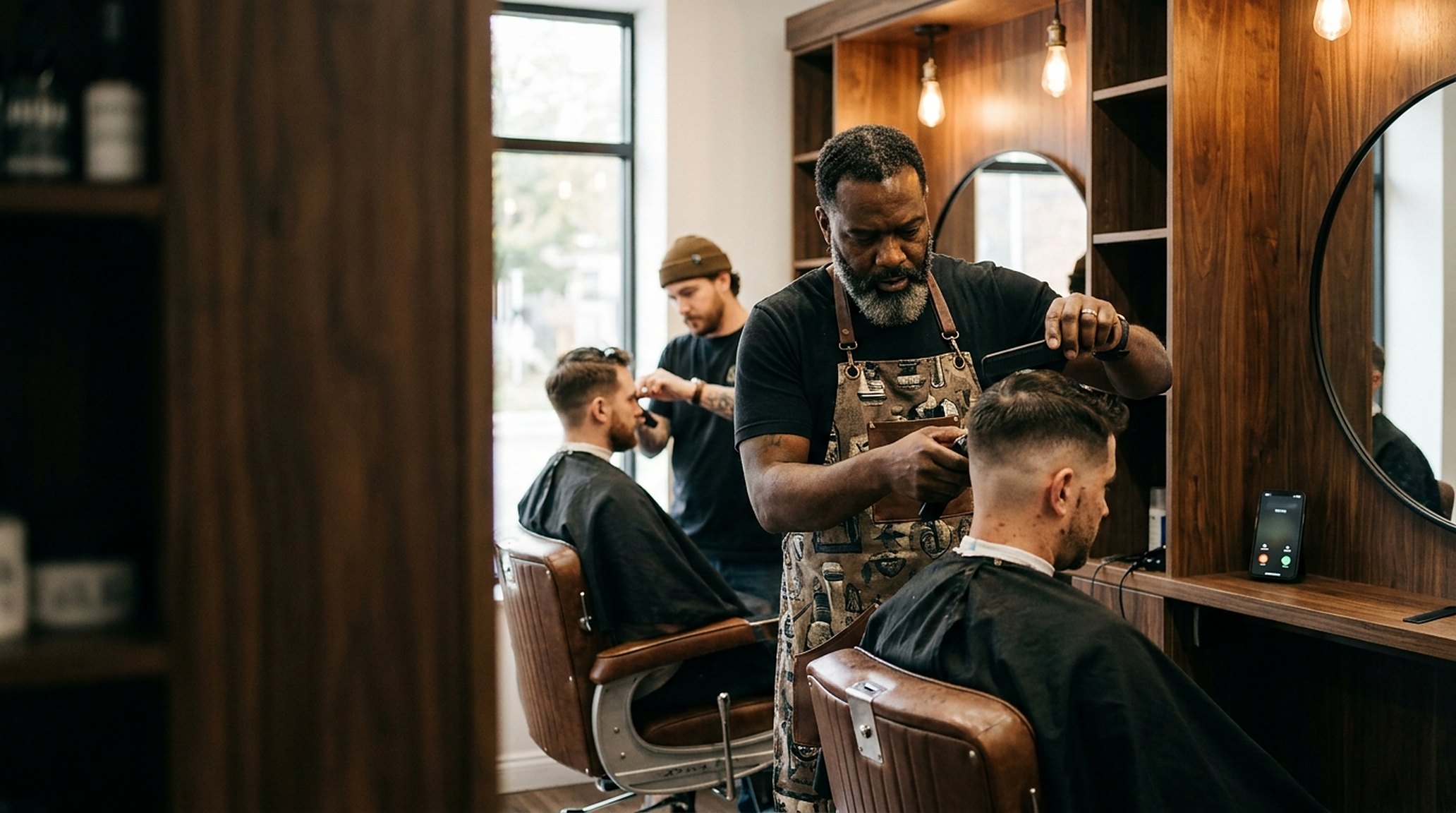 Een barbier midden in een fade, tondeuse in de hand, geconcentreerd; een oplichtende telefoon op het station, genegeerd