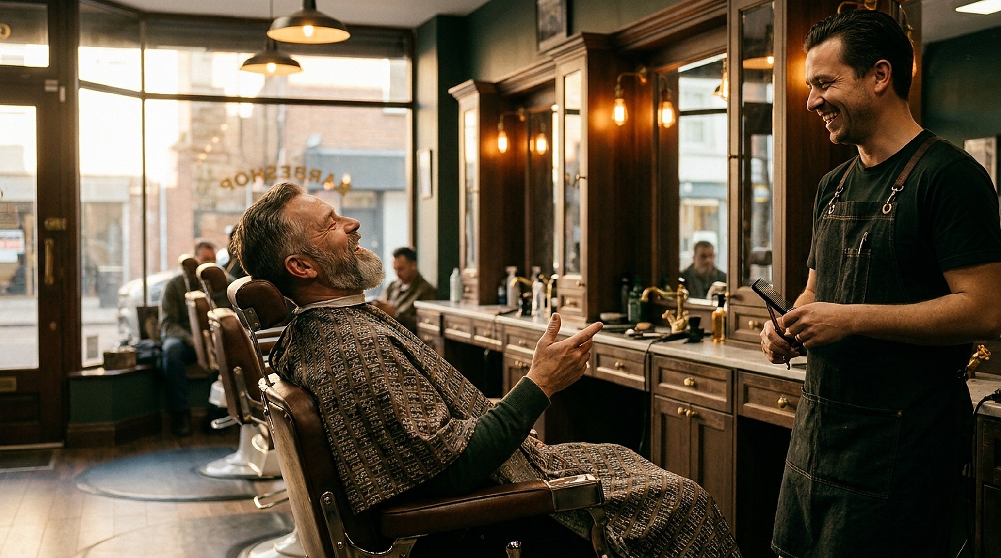 Een vaste klant in de stoel, kapmantel om, lachend met de barbier, warm middaglicht