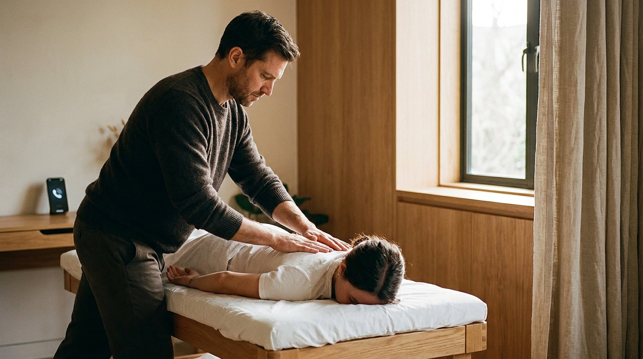 Een chiropractor midden in een behandeling, beide handen zorgvuldig geplaatst; op de balie licht een telefoon op, genegeerd