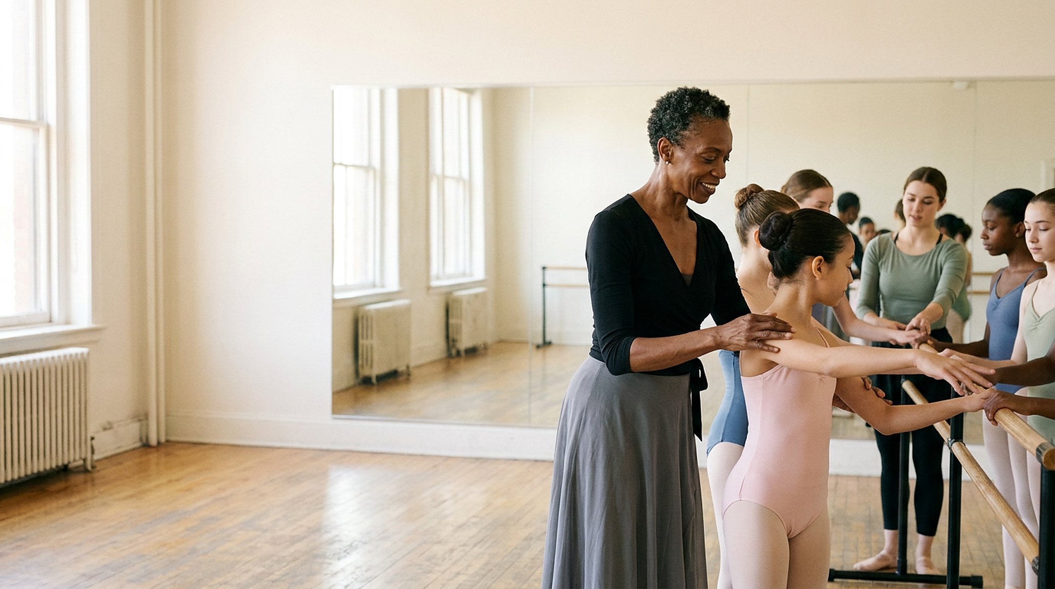 Een dansdocent midden in de les met jonge dansers aan de barre, geconcentreerd; op de receptiebalie licht een telefoon op, genegeerd
