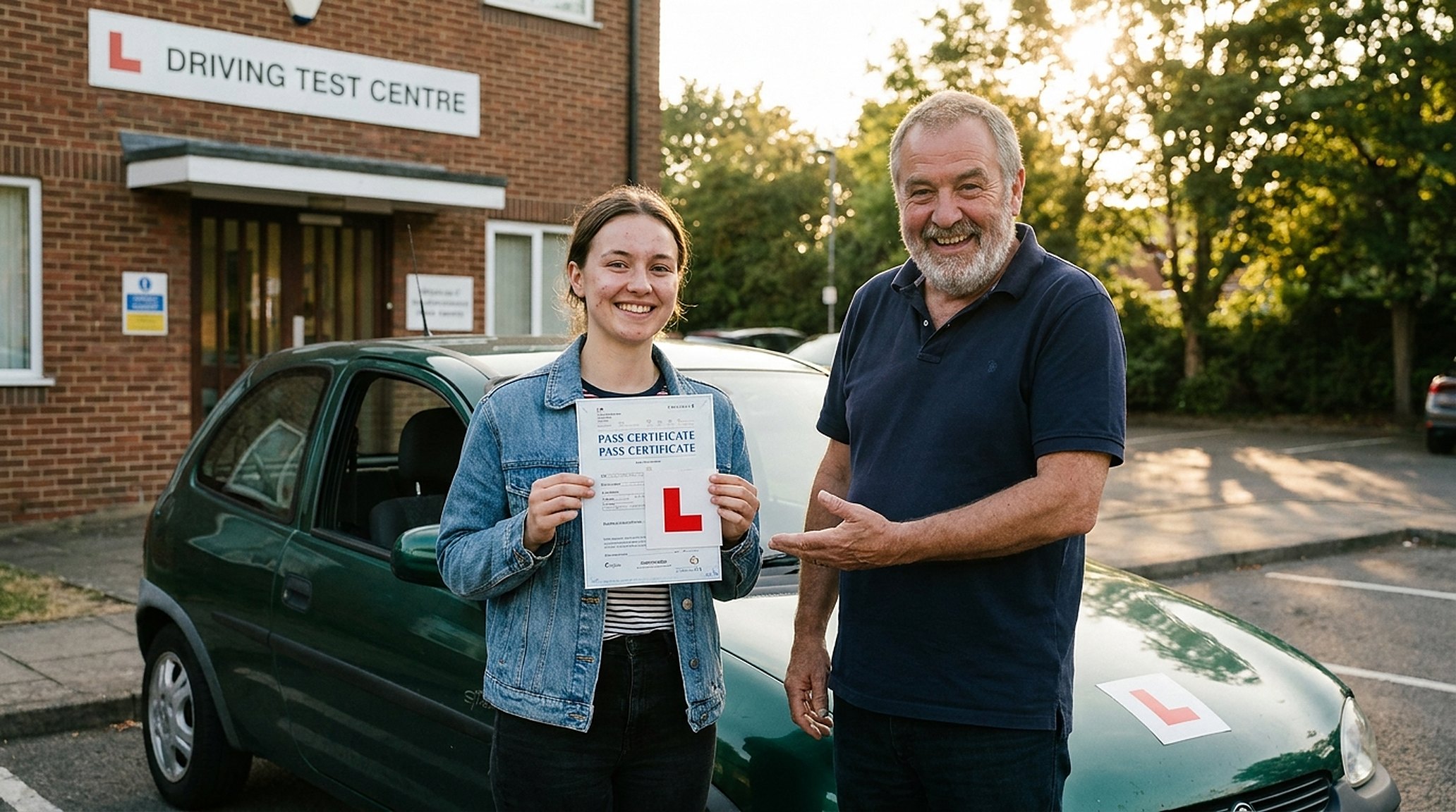 Een leerling die naast de auto het slagingsbewijs omhooghoudt, de instructeur breed lachend