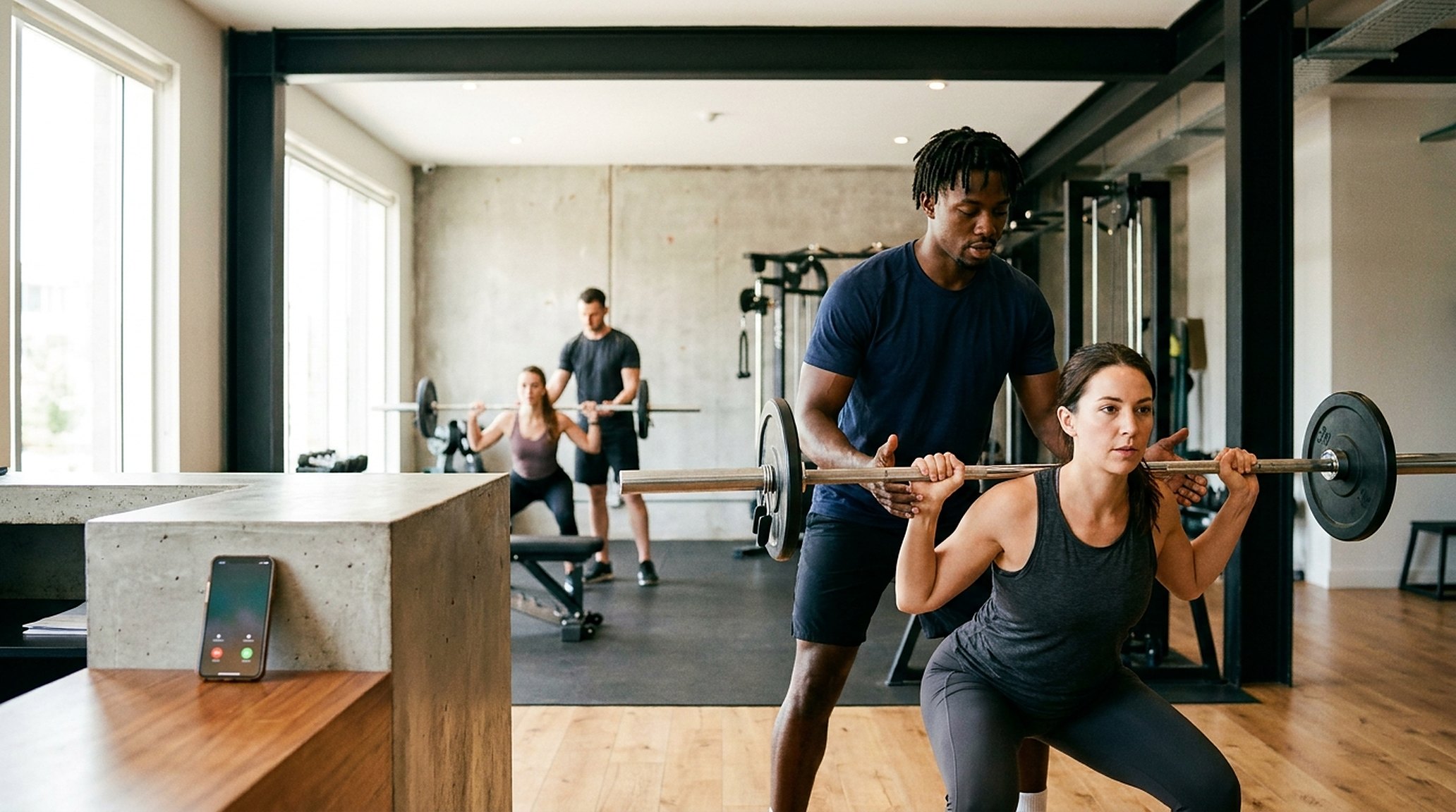 Een personal trainer die geconcentreerd een klant spot tijdens het tillen; op de balie licht een telefoon op, genegeerd