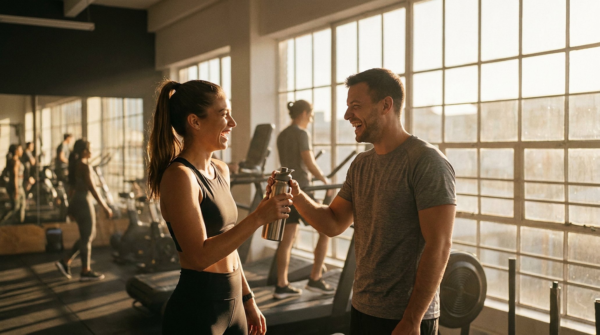 Een trainer en een klant die lachen tussen twee sets in een lichte sportschool