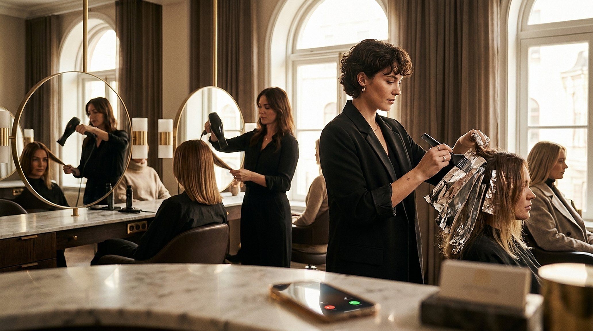Een kleurspecialist midden in een behandeling, handen in de folies, een telefoon die oplicht op de balie, genegeerd