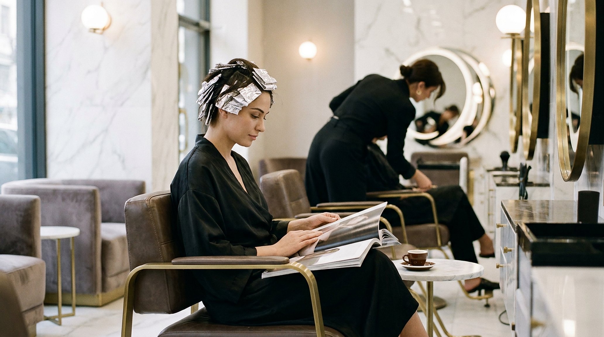 Een klant ontspannen onder de inwerkende kleuring, de salon rustig om haar heen