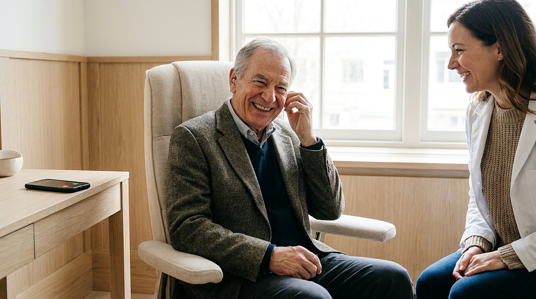 Een oudere man die glimlacht nu hij helder hoort, de audioloog naast hem, daglicht