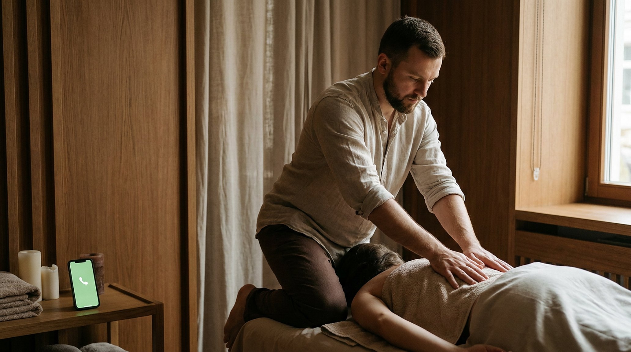 Een massagetherapeut aan het werk, handen op de rug van een klant, diep geconcentreerd; op het bijzettafeltje licht een telefoon op, genegeerd