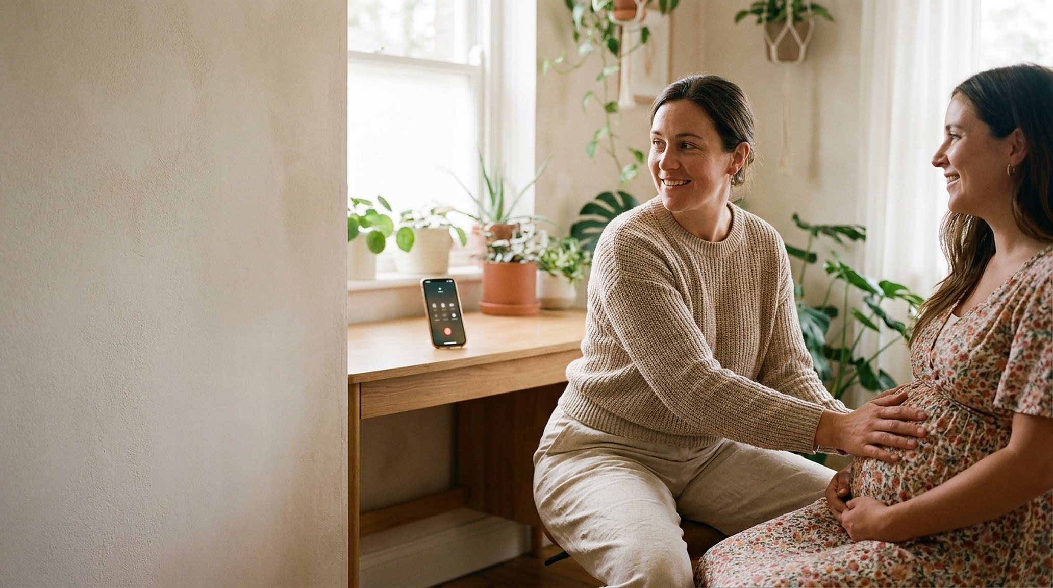 Een verloskundige met een zwangere cliënt tijdens een consult, de handen zacht op de buik, luisterend; een oplichtende telefoon op de balie, genegeerd