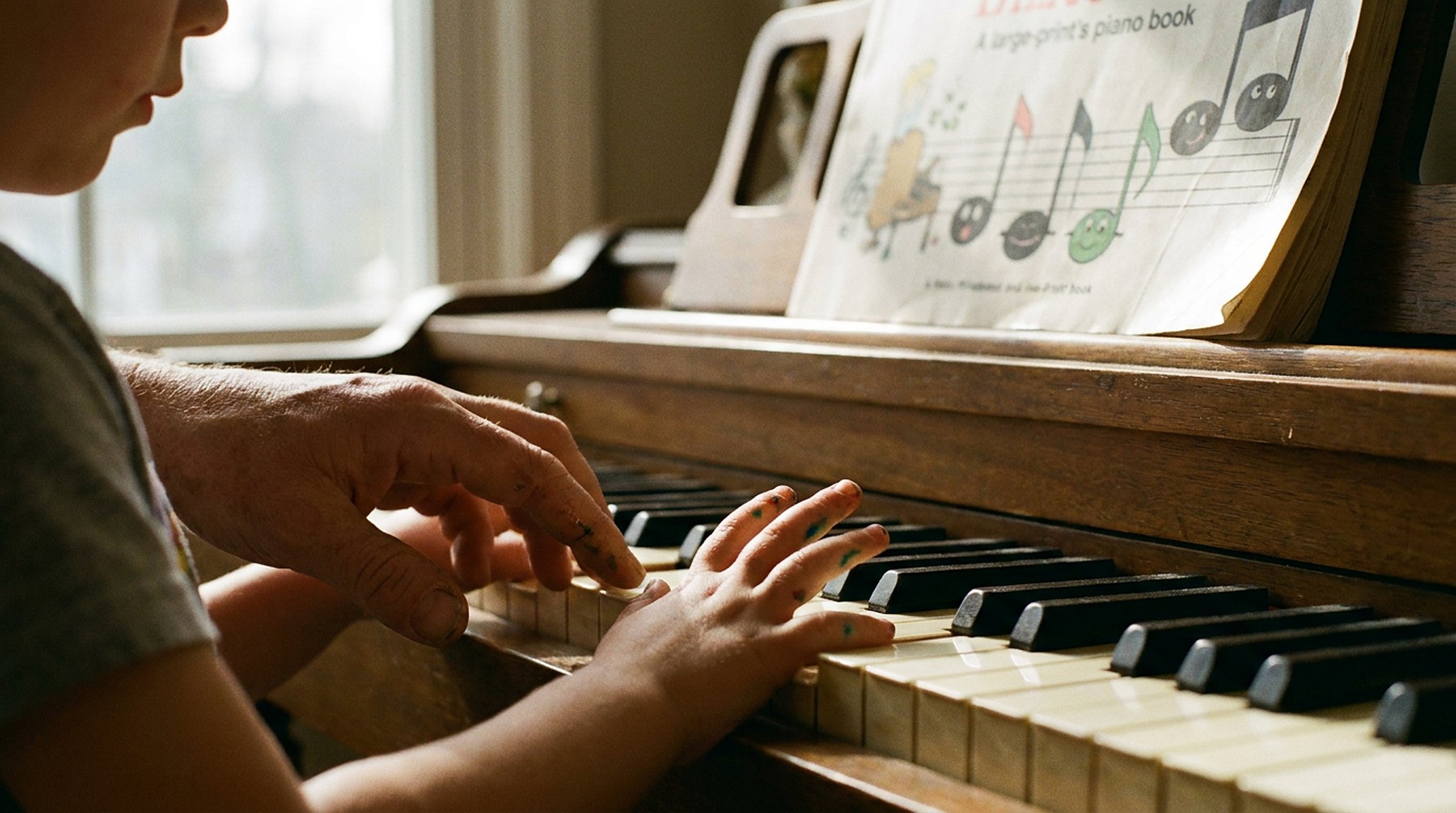 Kinderhanden op pianotoetsen, de hand van een docent die begeleidt, warm middaglicht