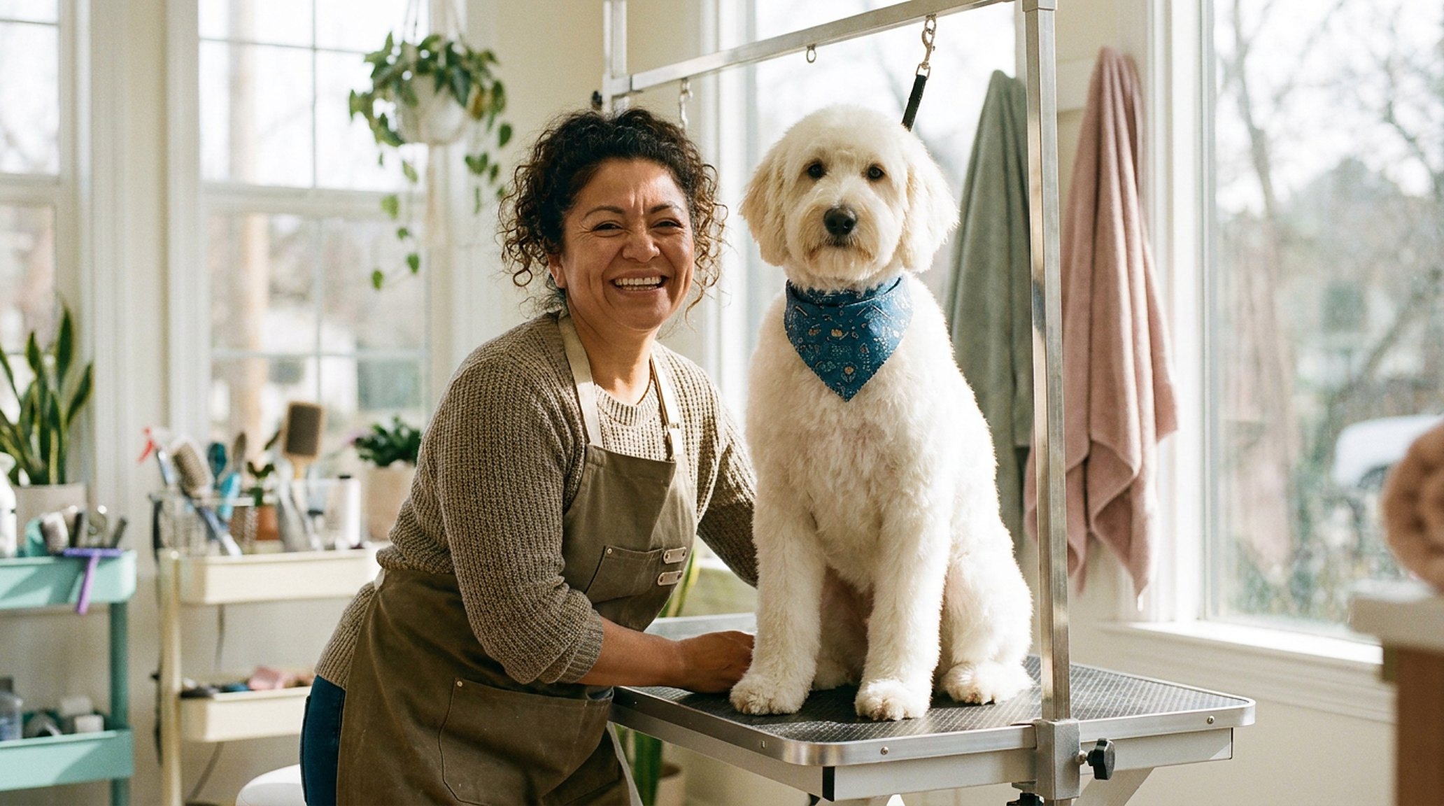 Een net getrimde hond op de tafel, bandana om, de trimmer er trots naast