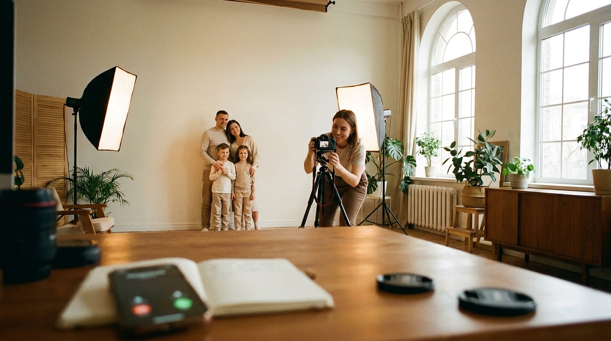 Een fotograaf die gehurkt achter de camera een gezin fotografeert in een lichte studio; op de balie licht een telefoon op, genegeerd