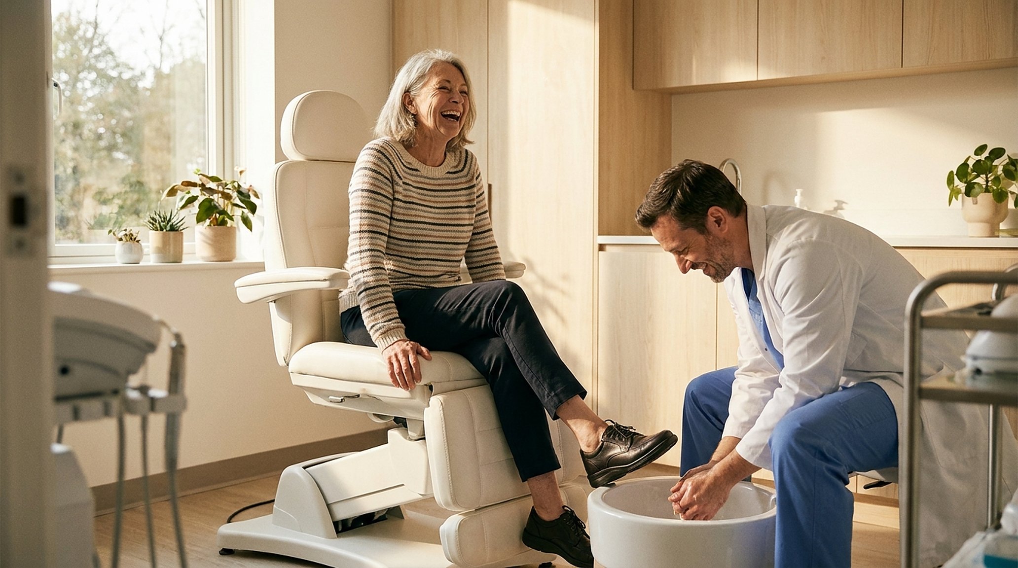 Een oudere patiënt die na de behandeling napraat met de podotherapeut, schoenen weer aan, ochtendlicht