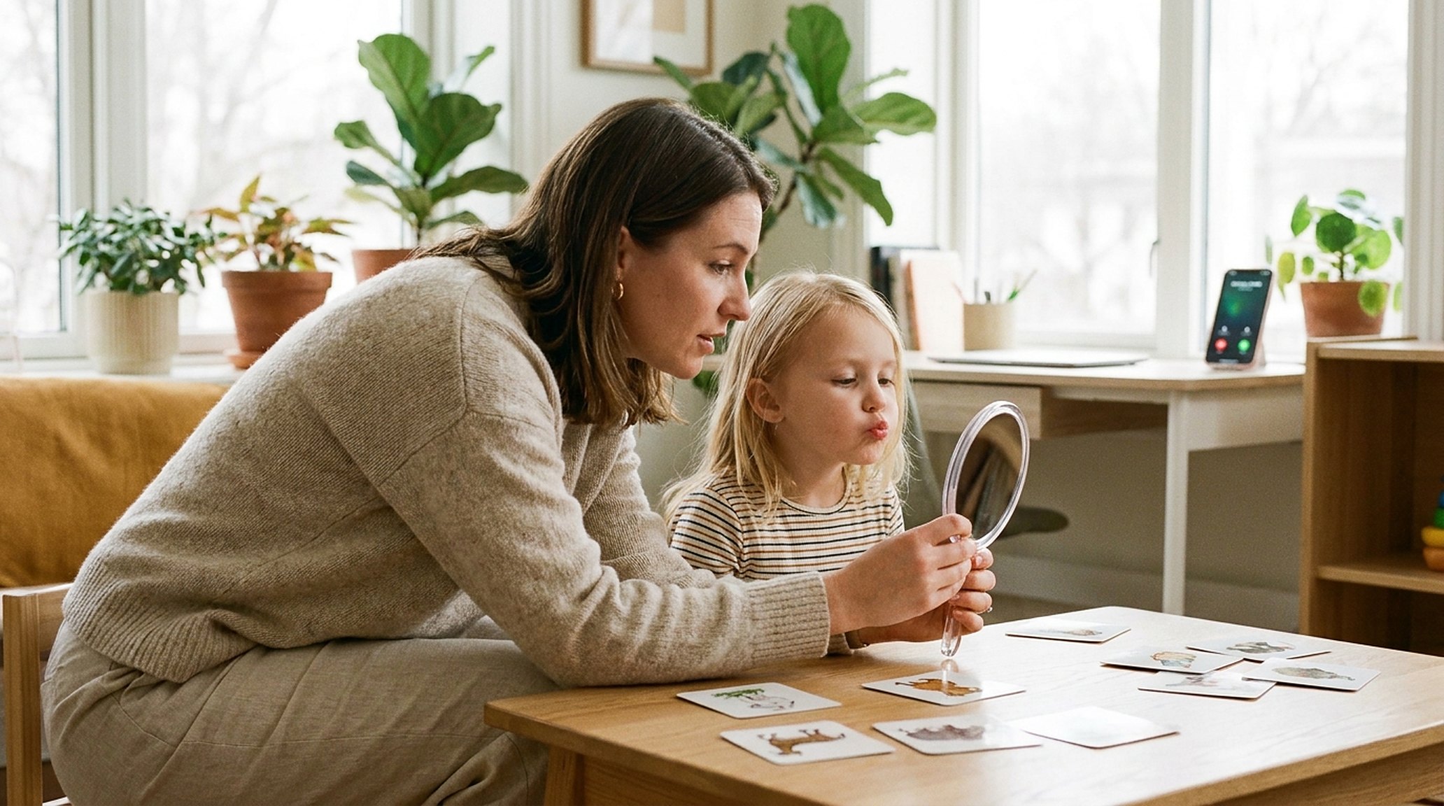 Een logopedist en een meisje van zes aan een laag tafeltje met plaatjeskaarten en een spiegeltje; op het bureau erachter licht een telefoon op