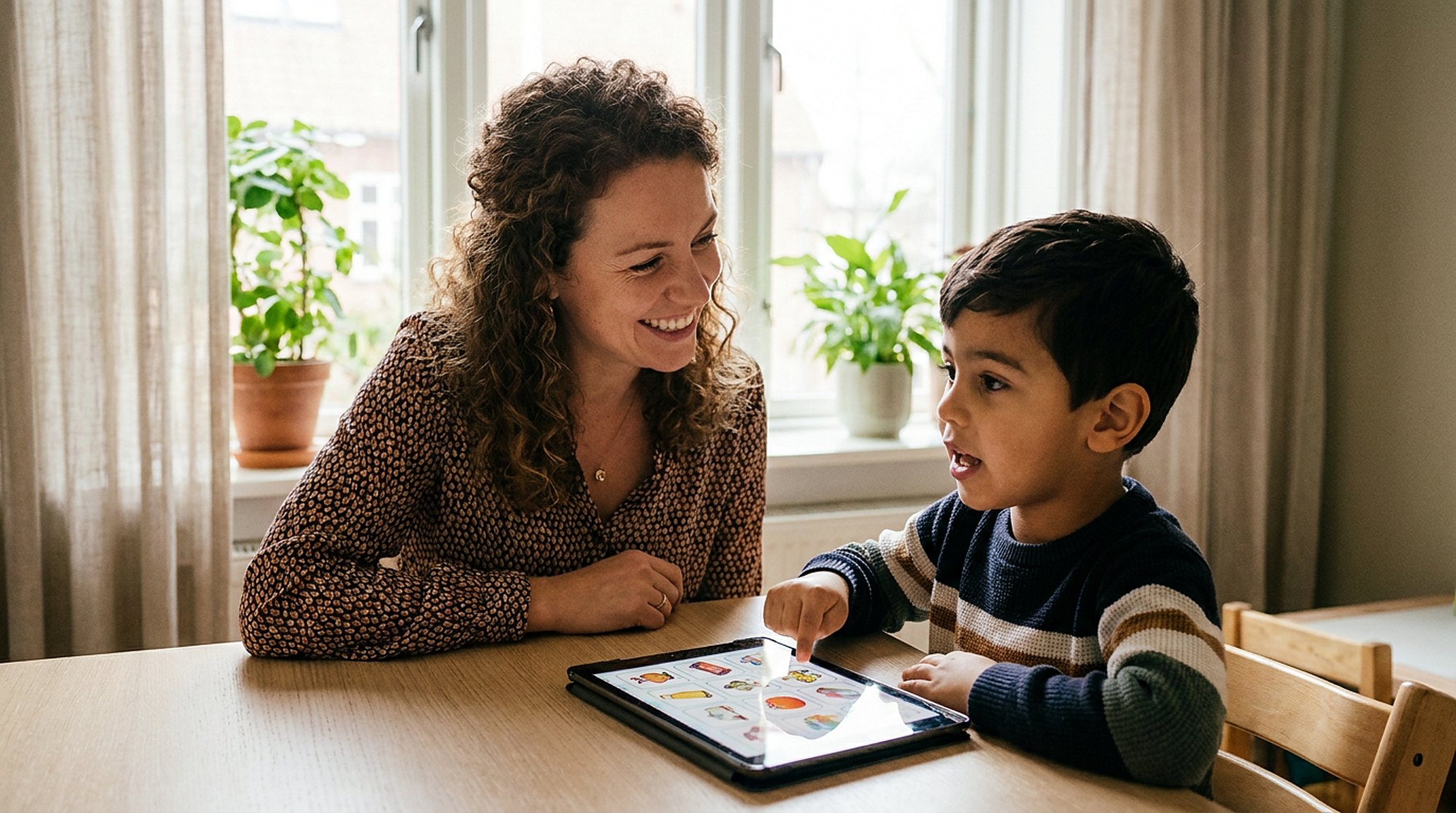 Een jongen van acht en de logopedist aan tafel met een tablet vol plaatjeskaarten, midden in een woord