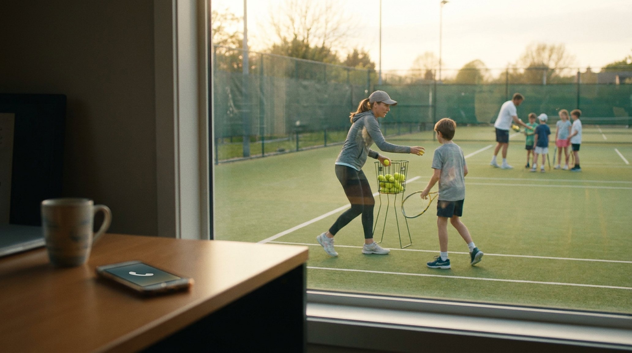 Een tenniscoach die ballen aanspeelt naar een jonge speler, gefocust; een oplichtende telefoon op de balie van het clubhuis, genegeerd