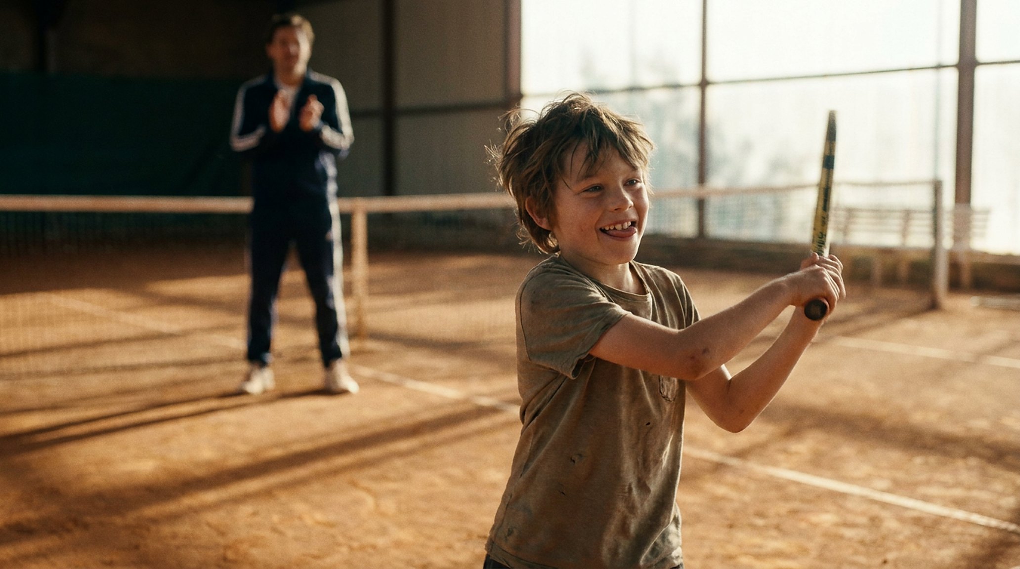 Een jonge speler midden in een slag op een zonovergoten baan, de coach applaudisseert