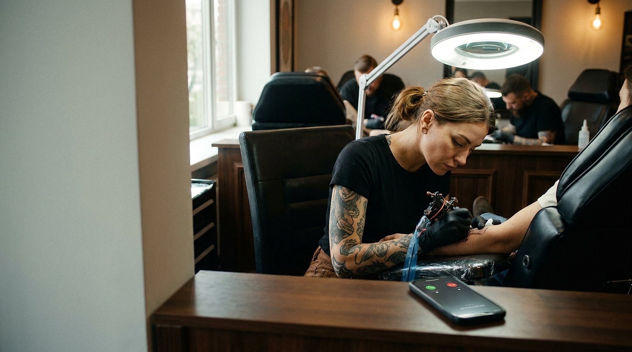 Een tatoeëerder midden in een lijn op de onderarm van een klant, geconcentreerd; op de balie licht een telefoon op, genegeerd