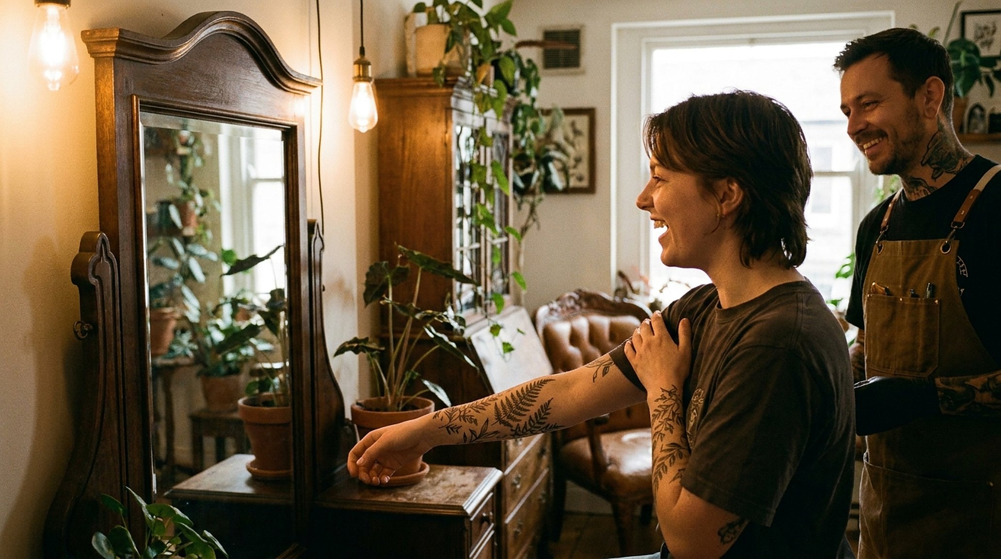 Een klant die in de spiegel naar een afgemaakte tattoo kijkt, de tatoeëerder ernaast, warm licht