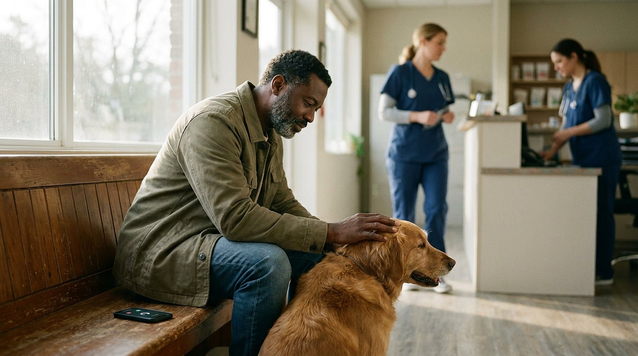 Een hond met zijn baasje in de wachtkamer, rustig, de hand van het baasje op zijn kop