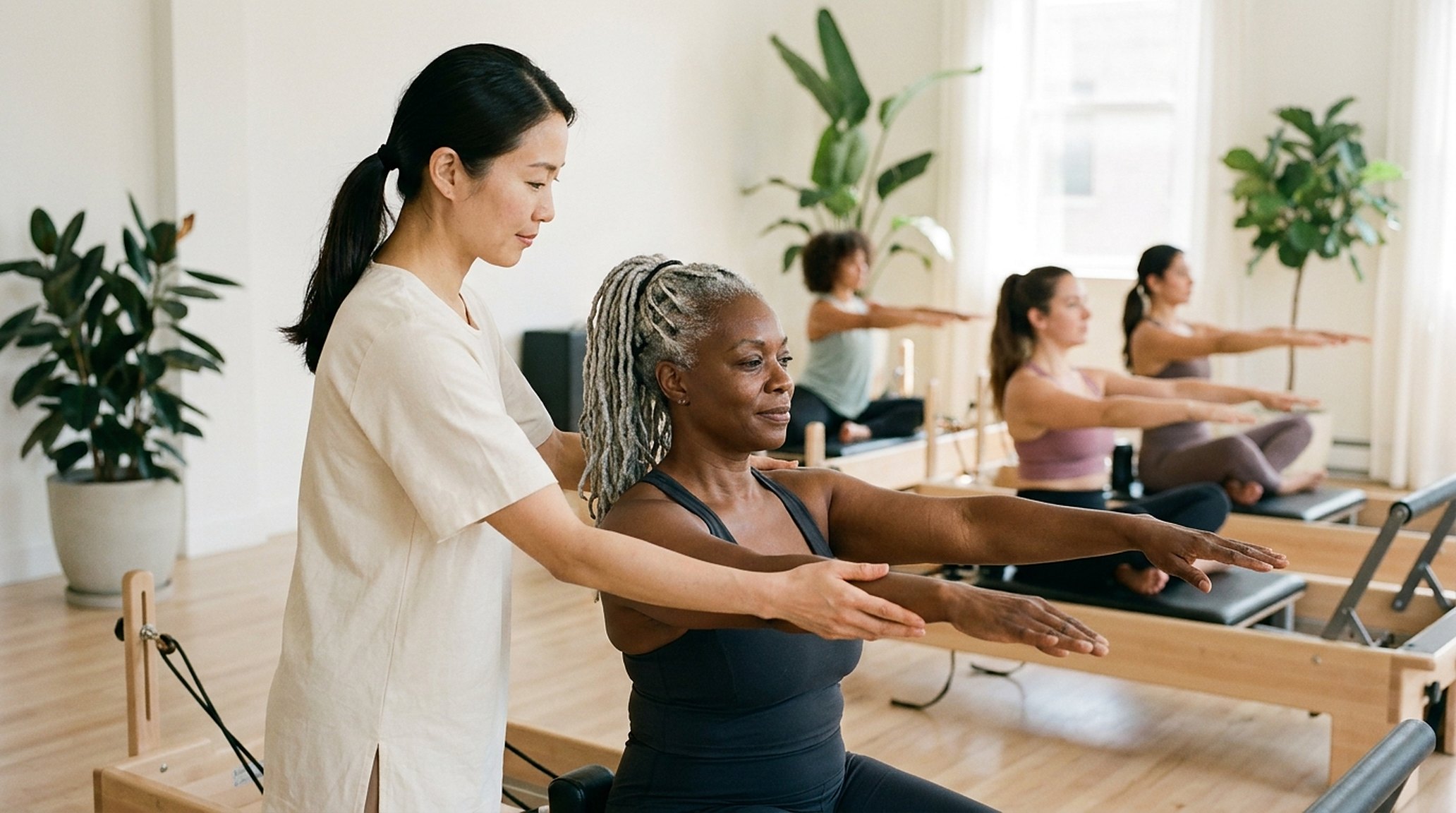 Een pilatesinstructeur die rustig een cursist op een reformer corrigeert; op de balie licht een telefoon op, genegeerd